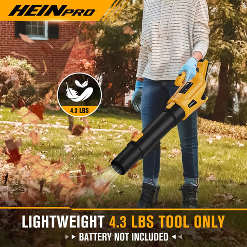 Person using Powerful Cordless Leaf Blower For DeWalt 20V Max Battery, 500 CFM 150 MPH, 5 Speed Modes, Tool Only for lawn care.