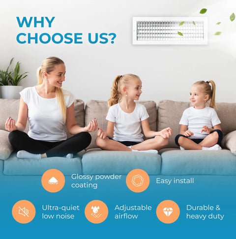 Three women sitting on a couch near No Hassle Duct Opening Heater Vent Deflector Wall Grille With Adjustable Front Blades White Premium Rustproof Register Vent Cover For 20x6 Inch Openings Overall Size 21-5/8x7-5/8 Inch Durable Home Vent Grill.