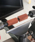 BMWOOD PM-002 MT2 pen mandrel kit mounted on lathe with red wood pen blanks