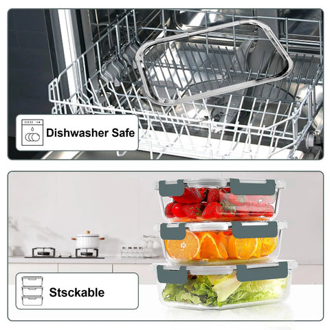 10 Pack Glass Meal Prep Containers With Airtight Lids, Stackable Glass Food Storage Sets in dishwasher and stacked on counter