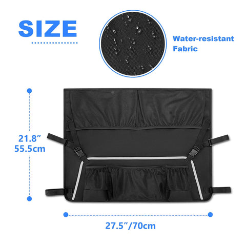 Grab And Go Side Pocket For Folding Wagons With Reflective Strip And Mesh Pouch Built For Umbrella And Small Accessories Foldable Outdoor Camping Cart Organizer Black Bag Only with dimensions and water-resistant fabric detail.