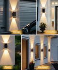 Collage showing Dusk To Dawn Outdoor Wall Light Sensor LED Sconce 5W Exterior Lighting IP65 on garage, front door, porch, backyard