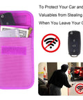 Purple RFID Key Fob Protector and Faraday Bag blocks signals from car keys with anti-theft pouch, shown with cards and key inside.