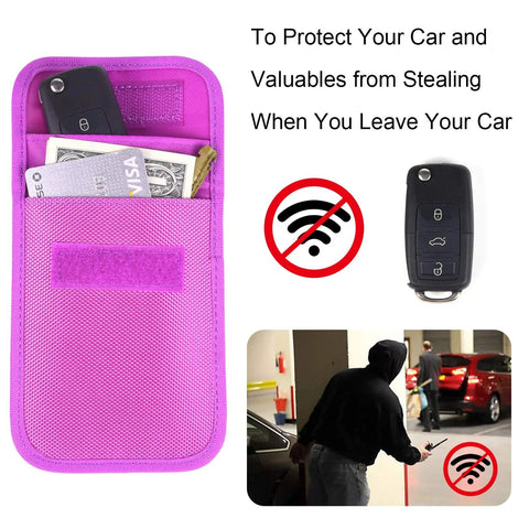 Purple RFID Key Fob Protector and Faraday Bag blocks signals from car keys with anti-theft pouch, shown with cards and key inside.