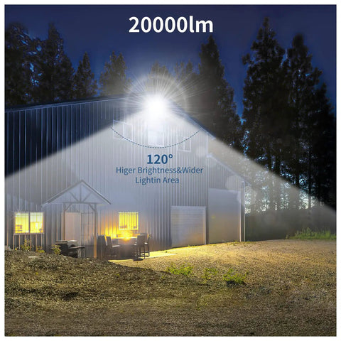 JUDYSSY 200W Led Flood Light illuminating a large area outside a building, showcasing 20000lm brightness and 120° coverage.