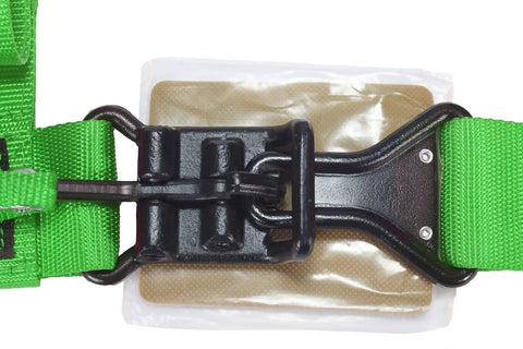 Close-up of buckle on Green 4 Point Harness With 2 Inch Straps For UTV Off Road Universal Fit 2 Pack Heavy Duty Safety Belt System