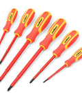 Heavy Duty Six Piece Insulated Screwdriver Set With Sure Grip Magnetic Tips And Certified 1000V Safety Crafted Badass From Chromium Steel With Comfy Rubber Handles, red rubber handles, varying sizes.