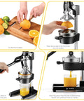 Extra Large Cast Iron Juicer Hand Press Citrus Squeezer being used to juice oranges and pour fresh juice in kitchen setting.