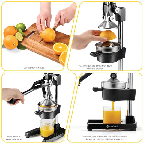 Extra Large Cast Iron Juicer Hand Press Citrus Squeezer being used to juice oranges and pour fresh juice in kitchen setting.