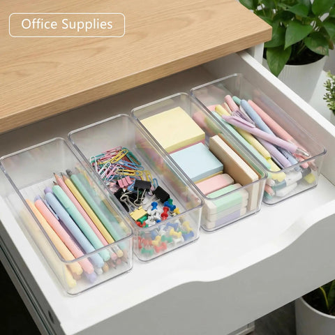 8 Pack Deep Drawer Organizers For Kitchens Closets And Bathrooms Super Solid Storage Bins for office supplies in clear bins.