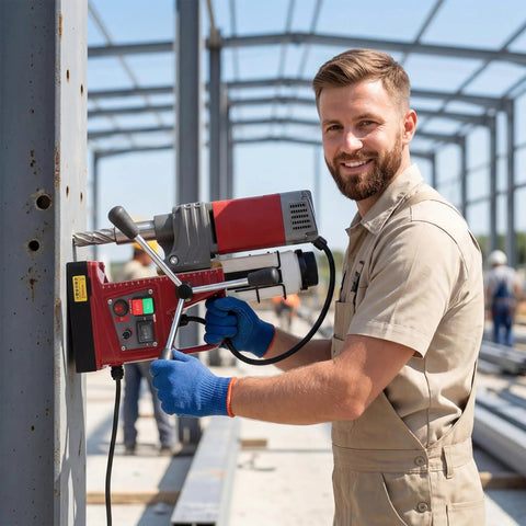 Worker using Heavy Duty Magnetic Drill Press 2 Inch Capacity With 210mm Stroke 13000 N Magnetic Hold 1550W Copper Wound Motor 750 RPM on metal beam