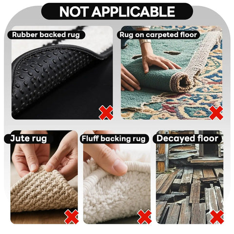 Non Slip Rug Grippers Tape Pads For Hardwood Floors And Tile No Residue not for rubber backing, carpet, jute, fluff, decayed floor