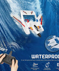 Dope Amphibious RC Plane For Water Land And Air Remote Control Airplane flying over water with controller in hand, waterproof feature.