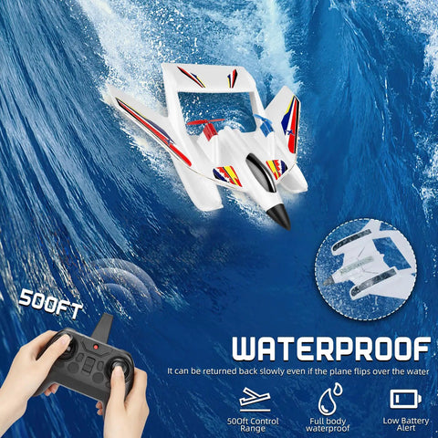 Dope Amphibious RC Plane For Water Land And Air Remote Control Airplane flying over water with controller in hand, waterproof feature.