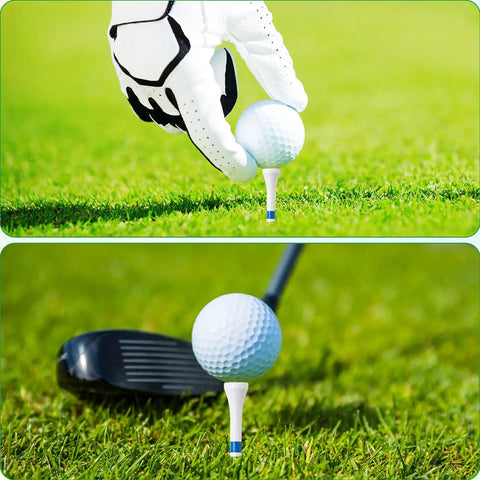 Bulk 1000 Wooden Golf Tees Three And One Quarter Inch Bamboo Tees White Blue Lines Set For Practice shown with golf balls and clubs