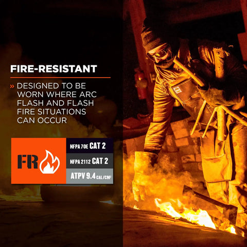 Person wearing Winter Balaclava for Cold Weather Fire Resistant FR Compliant Meets ASTM F1506 and NFPA 2112 Arc Rated CAT 2 9.4 Cal Per Sq Cm ATPV Thermal Protection Hinged Design for Versatile Wear and Warmth Worksite Ready in fire-resistant environment
