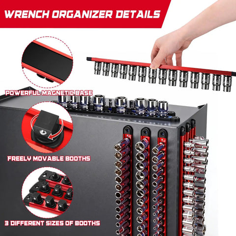 Six Piece Magnetic Socket Organizer And Screwdriver Organizer Set with Three Socket Rails for various drive sizes in use