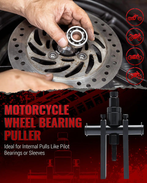 Motorcycle Wheel Bearing Puller Set For Blind Hole Removal 8 To 25 Mm Inner Bearings held by hand over wheel hub