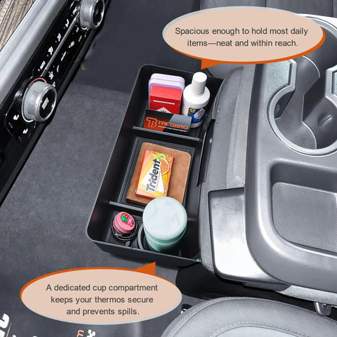 Center Console Hanging Organizer Box for Split Bench Chevy Silverado and GMC Sierra Trucks 2019 to 2026 1500 2500HD 3500HD Keeps Your Gear Handy 40 20 40 Seats Car Interior Storage Organizer installed in vehicle with items inside