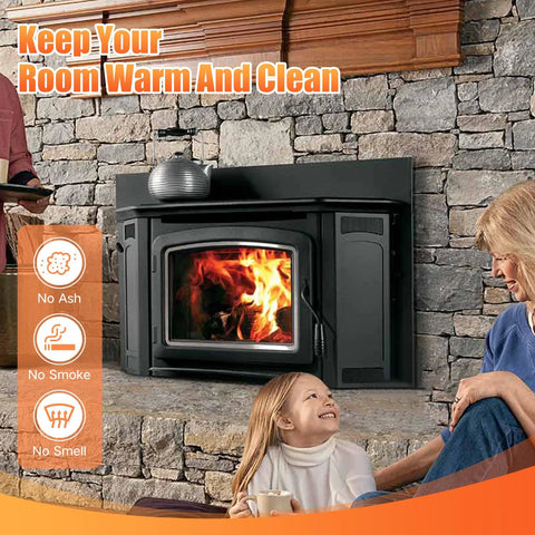 Front view of a black wood stove with glass door set into a stone fireplace; kettle on top, family nearby.