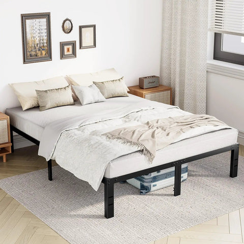 Full Size Metal Platform Bed Frame With Underbed Storage, Legit Heavy Duty Reinforced Steel Mattress Foundation, clean design with linens.