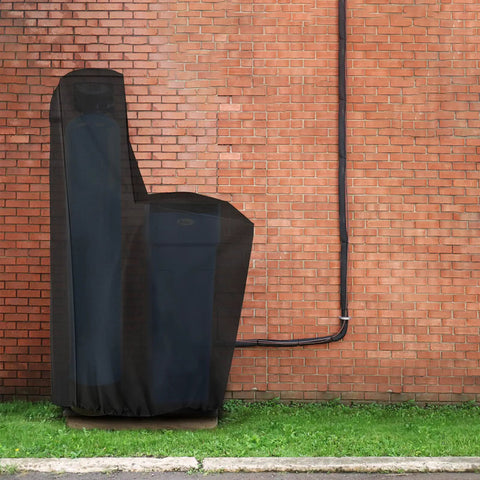Outdoor Water Softener Cover Waterproof For Whole House Units, 55 H x 30 W x 16 D, Black, on outdoor system near brick wall.