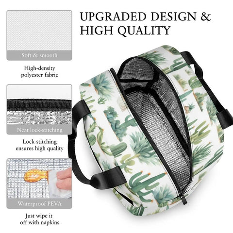 Insulated Lunch Bag For Women And Men Portable Lunch Tote with cactus design, foil lining, waterproof and eco-friendly material
