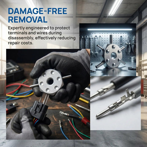Six Pin Terminal Extraction Tool For DT DTP Molex Delphi AMP Connectors in use for automotive wire repair