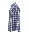 Side view of Flame Resistant Work Shirt For Men In Navy White Plaid, 6.25oz FR Cotton Twill, with FR buttons and stitching