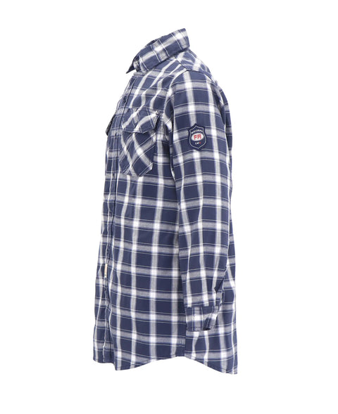 Side view of Flame Resistant Work Shirt For Men In Navy White Plaid, 6.25oz FR Cotton Twill, with FR buttons and stitching