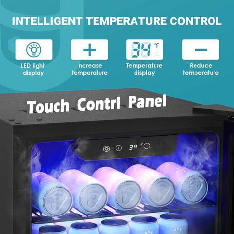 Wine And Beverage Cooler With Glass Door 128 Can Capacity Mini Fridge For Home Or Office Adjustable Removable Shelves Silver Finish Precise Temperature Control With Easy Touch Panel, showcasing digital touch panel and cans inside.