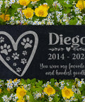 Personalized Pet Memorial Stone With Photo For Dogs And Cats Custom Headstone And Garden Marker With Image For Remembrance Engraved Puppy And Kitten Memorial Plaque For Cremation on grass with yellow flowers