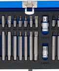 Solid 40 Piece Combo Screwdriver Bit Set With Beefy Hex Socket And T Profile Torx Bits Short Or Long Picks arranged in blue case.