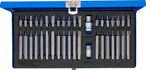 Solid 40 Piece Combo Screwdriver Bit Set With Beefy Hex Socket And T Profile Torx Bits Short Or Long Picks arranged in blue case.