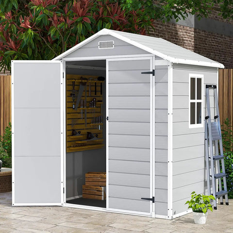 6x4 Ft Resin Outdoor Storage Shed With Floor Lockable Door Weatherproof Plastic Shed For Patio Furniture Garden Tools Bike Gear Lawn Mower Light Gray All Weather Ready
