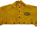 Heavy Duty Cowhide Leather Welding Cape Jacket Built Tough To Kick Some Serious Spatter And Block Extreme Heat, yellow split hide, detailed front view.