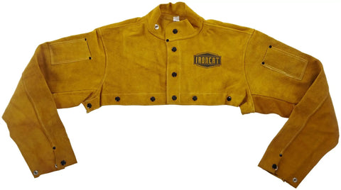 Heavy Duty Cowhide Leather Welding Cape Jacket Built Tough To Kick Some Serious Spatter And Block Extreme Heat, yellow split hide, detailed front view.