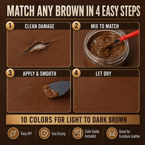 No Sweat Brown Leather And Vinyl Repair Kit Blends Dark Light Tan Chocolate Colors For Couch Sofa Chair Car Seat And Boots Effortless Invisible Diy Patch Fix Up Today steps to repair leather and vinyl.