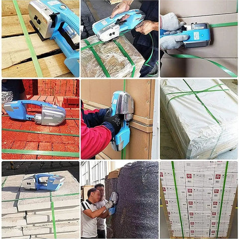 Dfedhf Electric Strapping Machine Automatic Welding Tool For Pp Pet Straps One Handed Operation in use on various packages.