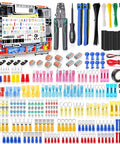 Rugged No Sweat 1740 Piece Heat Shrink Wire Connector Kit With Smooth Crimping Tool For AWG 22 To 10 Electrical Wiring, organized in a case.