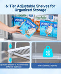 6-Tier Adjustable Shelves for organized storage in Top Shelf 54 Inch Commercial Reach In Freezer, 49 Cubic Feet Two Door Cold Storage Cabinet.