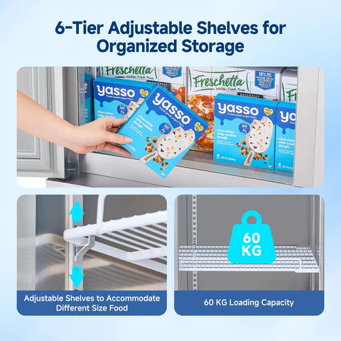 6-Tier Adjustable Shelves for organized storage in Top Shelf 54 Inch Commercial Reach In Freezer, 49 Cubic Feet Two Door Cold Storage Cabinet.