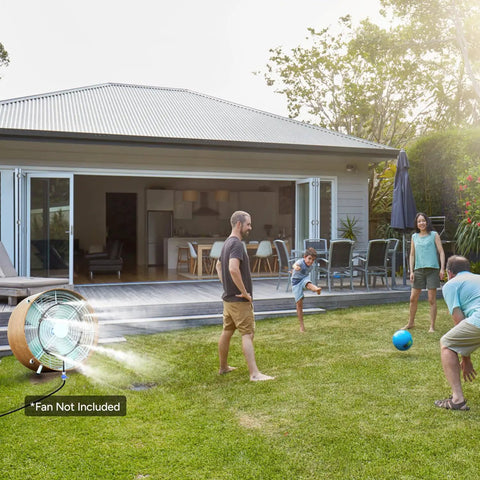 Outdoor Misting Fan Kit With 16.4 Ft Mist Hose For Patio And Backyard Cooling Portable Water Mister System With Independent Valve in use