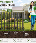 No Dig Decorative Garden Fence Kit With 10 Panels Heavy Duty Rustproof Metal Outdoor Dog Barrier For Yard And Patio Landscape Border Portable Temporary Fencing 32 Inch High 22 Foot Long Pet Safe displayed in garden with installation details.