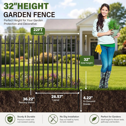 No Dig Decorative Garden Fence Kit With 10 Panels Heavy Duty Rustproof Metal Outdoor Dog Barrier For Yard And Patio Landscape Border Portable Temporary Fencing 32 Inch High 22 Foot Long Pet Safe displayed in garden with installation details.