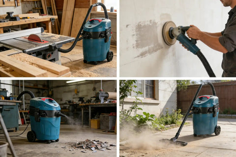 Auto Clean Dust Extractor With Dual Cyclone Pre Separation System, Pro Grade Industrial Vacuum for woodworking and sanding, 9 gallon, 1400W, 19KPa in various shop settings