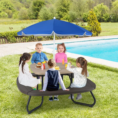 Outdoor Kids Picnic Table Set For 8 With Four Built In Benches, Removable Umbrella, Metal Frame And HDPE Top in backyard