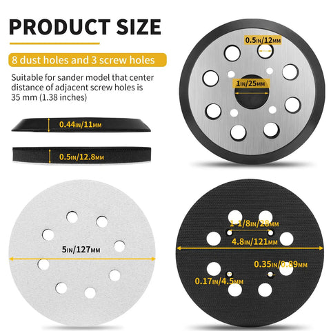 Solid Build 5 Inch Hook Loop Orbital Sander Metal Pad Compatible With Ryobi RS240 RS280 RS290 8 Hole Backing Plate dimensions and details