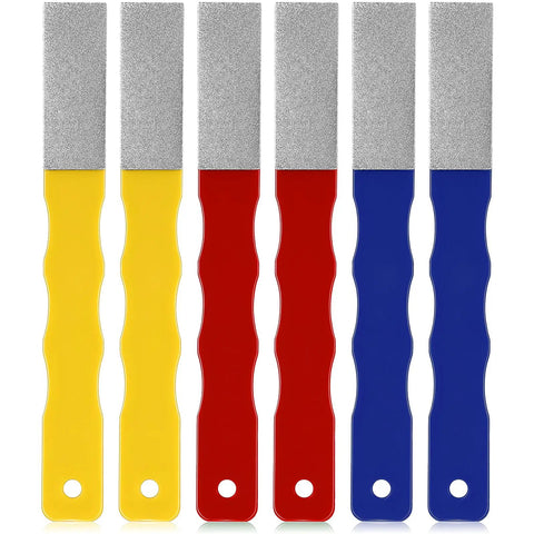 Six Pcs Diamond Sharpening Hones Set With Color Coded Diamond Stones for Hunting and Outdoor Use, yellow, red, blue handles