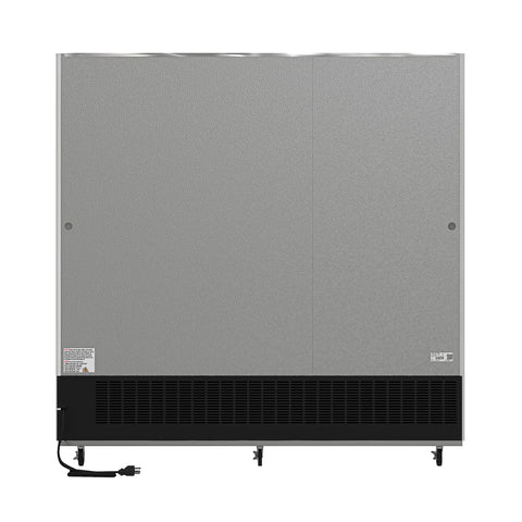 Built To Last Straight Up Heavy Duty Three Door Stainless Steel Commercial Reach In Refrigerator 72 Cubic Feet rear view with power cord.